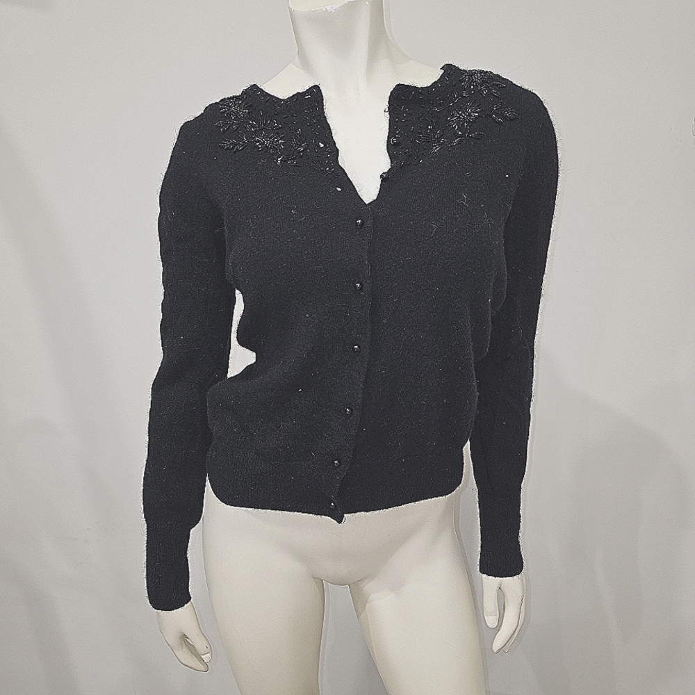 H&M Black Embelished Lambswool Angora Cardigan Sweater Classic Knit US 8